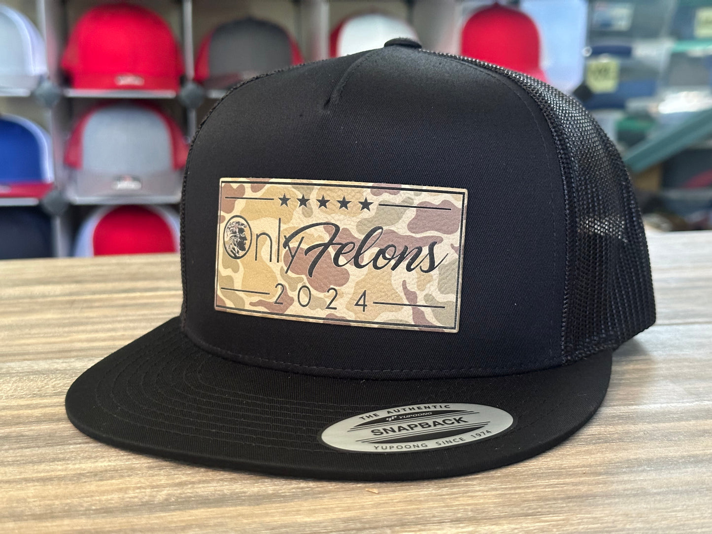 Only Felons 2024 Trump Yupoong YP Classic Flatbill SnapBack Cap.