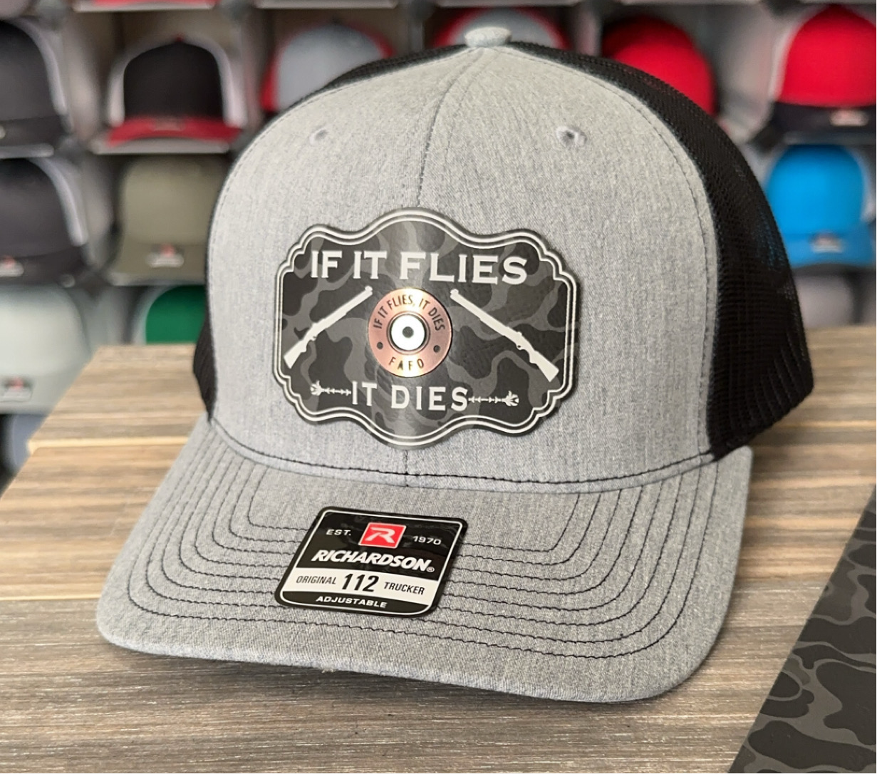 If It Flies, It Dies Black Camo Heat-Applied Acrylic and Leatherette Hat Patch