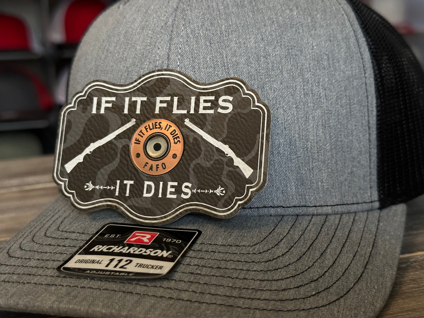 If It Flies, It Dies Black Camo Heat-Applied Acrylic and Leatherette Hat Patch