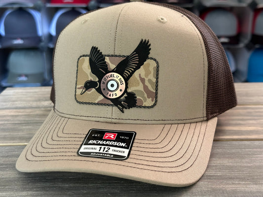 If It Flies, It Dies Duck Camo Patch on Richardson 112
