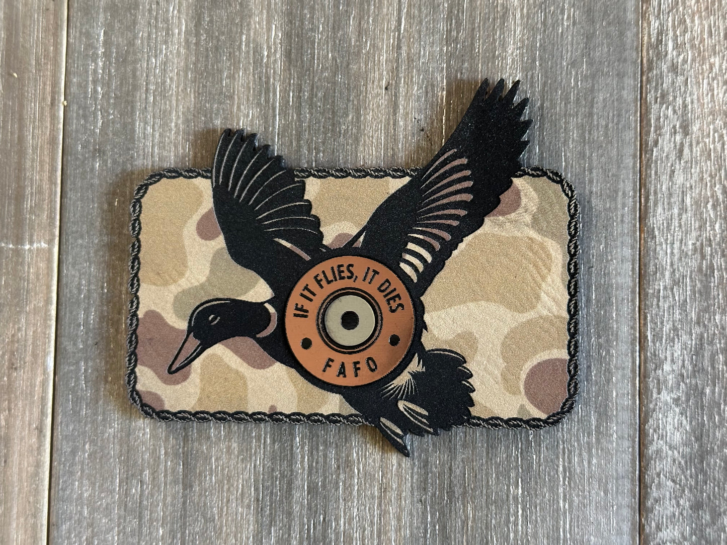 If It Flies, It Dies Heat-Applied Acrylic and Leatherette Hat Patch