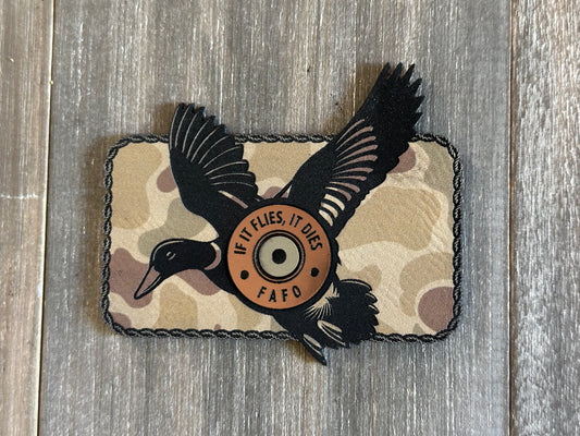 If It Flies, It Dies Heat-Applied Acrylic and Leatherette Hat Patch