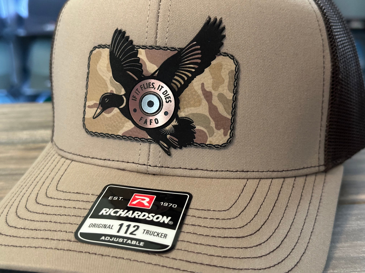 If It Flies, It Dies Duck Camo Patch on Richardson 112