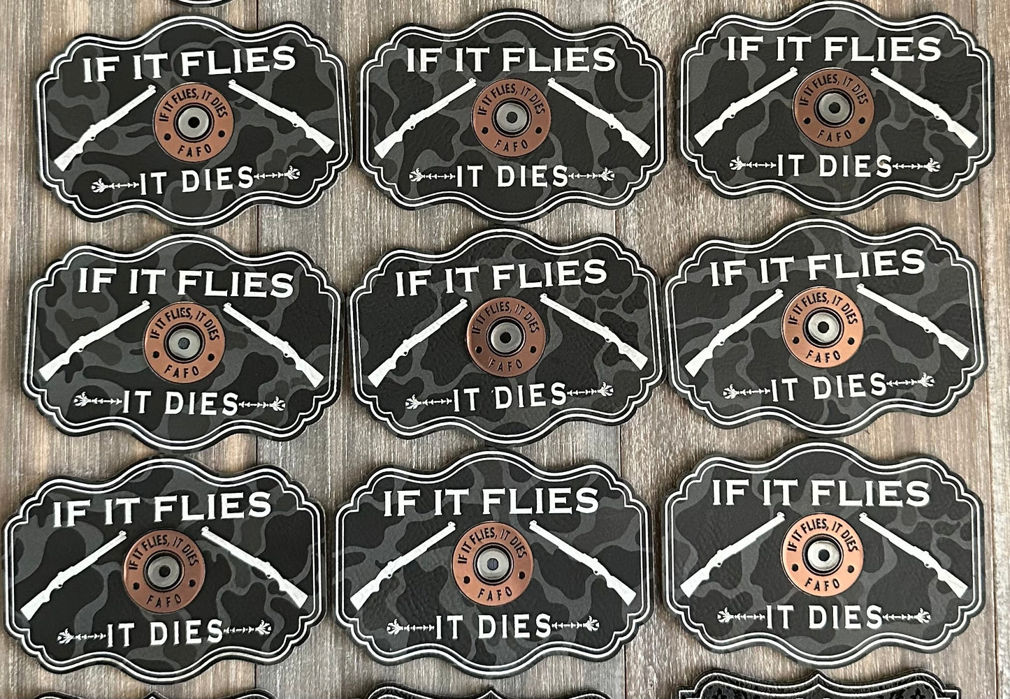 If It Flies, It Dies Black Camo Heat-Applied Acrylic and Leatherette Hat Patch