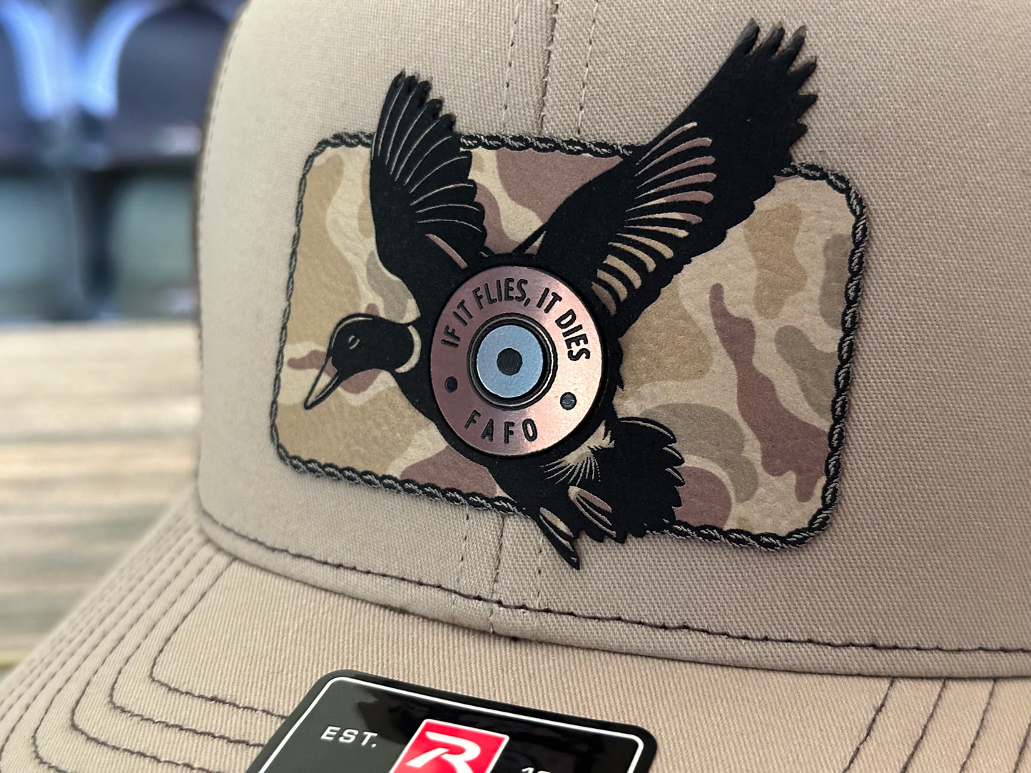 If It Flies, It Dies Heat-Applied Acrylic and Leatherette Hat Patch