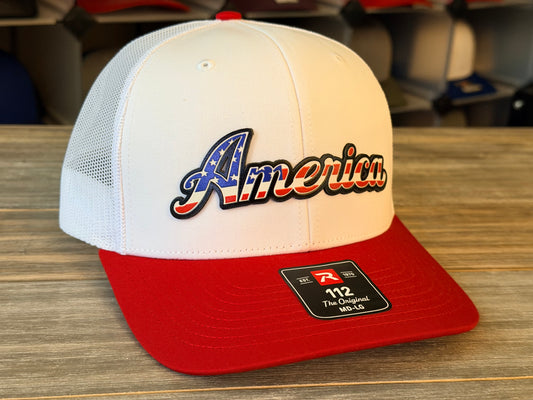 America Red, White & Blue Script on Richardson 112 SnapBack Cap
